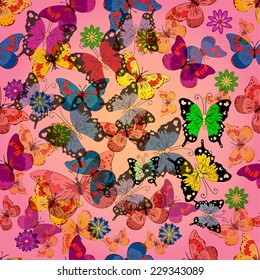 Multicolored butterflies on a red and pink background. Vector illustration. Seamless texture.