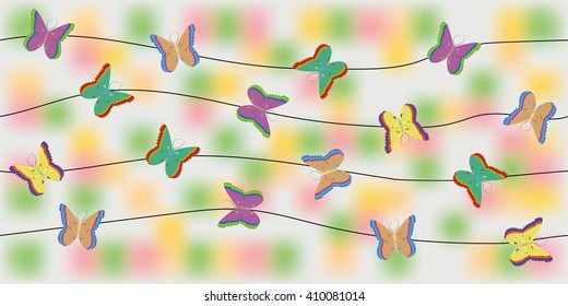 Multicolored butterflies on a rope on light spring summer background. Vector, pattern.