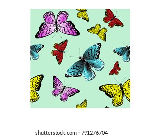 Multicolored butterflies on a turquoise background. Pattern.