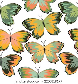 Multicolored butterflies on a white background. Pattern. Fashionable tones. Textiles, wallpaper, wrapping paper