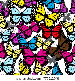 Multicolored butterflies on a white background. Vector illustration. Seamless texture.
