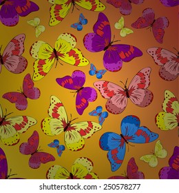 Multicolored butterflies on a yellow and orange gradient background. Vector illustration. EPS 10.