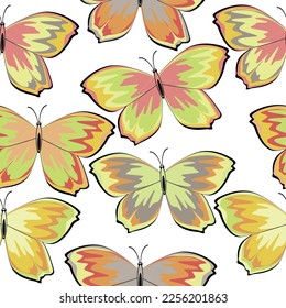 Multicolored butterflies, realistic style isolated on white background. Butterfly seamless pattern. 