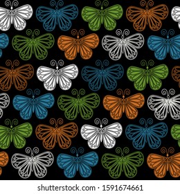 Multicolored butterflies, seamless pattern, texture, dark blue background, vector