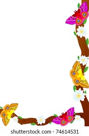Multicolored butterflies sitting on the burgeoning bush with flowers