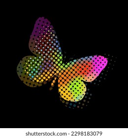Multicolored butterfly from circles. Dark background. Pixel rainbow simple butterfly. Vector illustration. beautiful butterfly