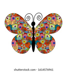 Multicolored butterfly collage style red hearts, white background, vector