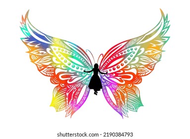 Multicolored butterfly fairy girl silhouette. Vector illustration