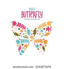 Multi-colored butterfly from folk floral patterns. Flat vector illustration. Silhouette of a flying insect. Doodle flowers. For design of postcard, sticker, banner