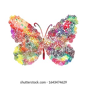 A multi-colored butterfly made of flowers. Mixed media. Vector illustration