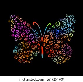 A multi-colored butterfly made of flowers. Mixed media. Vector illustration