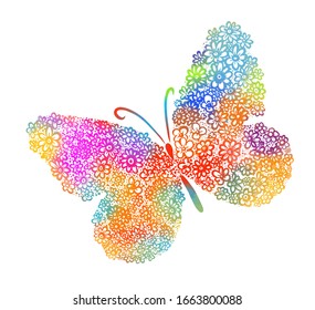 A multi-colored butterfly made of flowers. Mixed media. Vector illustration