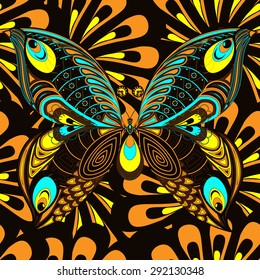 Multicolored butterfly on background of seamless floral pattern