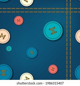 multi-colored buttons of different sizes on denim. cute seamless pattern. vector 