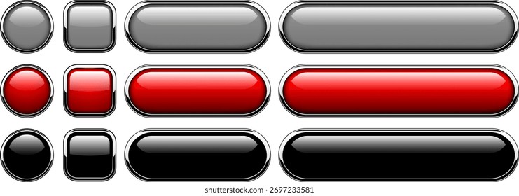 Multicolored buttons  isolated with metallic chrome elements, shiny navigation panel for website.3D vector illustration.