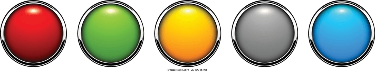 Multicolored buttons isolated with metallic chrome elements, navigation panel for website. 3D vector illustration.
