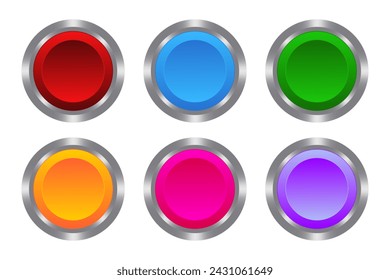 Botones multicolores con base metálica. Pulse, pulse, toque, centro de control, panel, manipulación, llave, mando, administración, operación, apagado, parada, arranque, precaución, ayuda. Vector