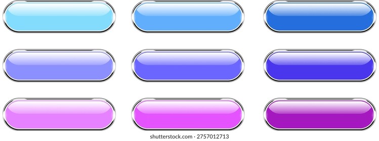 Multicolored buttons set isolated, navigation panel for website with metal chrome frames, vector illustration.
