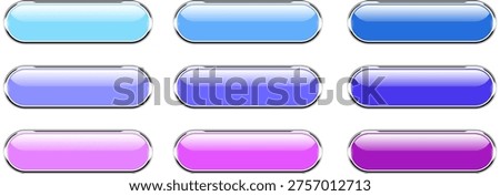 Multicolored buttons set isolated, navigation panel for website with metal chrome frames, vector illustration.
