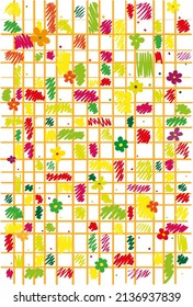 A multicolored cage filled with flowers, dots, lines and spots