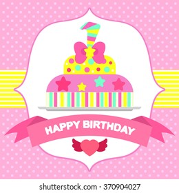 Multicolored cake with stars and colorful details. Candle in the form of the number "one" for birthday. Happy Birthday. Very bright, nice and festive. Greeting card for birthday.