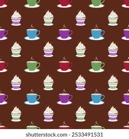 Multi-colored cakes with cups of coffee, seamless pattern on a brown background.