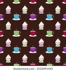 Multi-colored cakes with cups of tea, seamless pattern on a brown background.