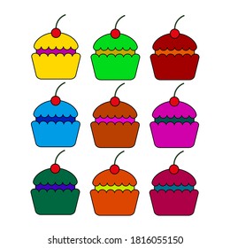 Multicolored cakes on a white background, sign for design, vector illustration