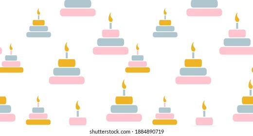 
Multicolored cakes seamless pattern. Happy Birthday. Pastel shades. Childrens illustrations. Children's background for the holiday. Children's Scandinavian print for toddlers, toddler, nursery decor.
