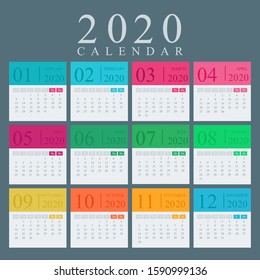 Multicolored calendar for 2020 on a dark background
