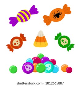 Multicolored candies and lollipops. Sweets isolated on a white background. Stock vector illustration. Illustration for the holiday Halloween.