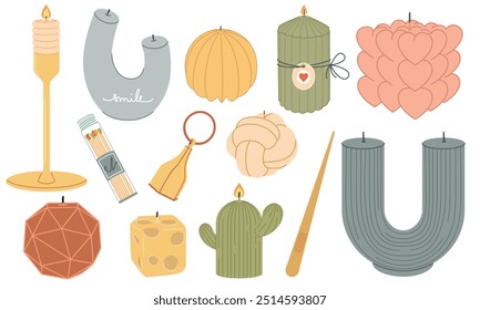 Velas multicolores, diferentes Formas y tamaños, fósforos en un frasco, un candelabro, una tapa para apagar la vela.
Velas de cera decorativas para la relajación y el spa. Conjunto de Vector de moda.