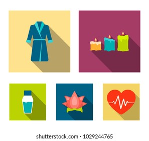 Multicolored candles with a flame, a blue robe with a belt, a lotus flower with petals, a bottle of cream. Spa set collection icons in flat style vector symbol stock illustration web.