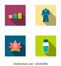 Multicolored candles with a flame, a blue robe with a belt, a lotus flower with petals, a bottle of cream. Spa set collection icons in flat style vector symbol stock illustration web.