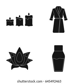 Multicolored candles with a flame, a blue robe with a belt, a lotus flower with petals, a bottle of cream. Spa set collection icons in black style vector symbol stock illustration web.