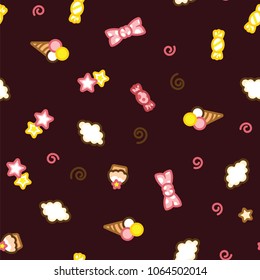 Multicolored candy, ice cream, cake, star and cloud doodle pattern