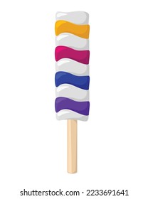 Caramelos multicolores sobre un palo. Comida. Dulce. Objeto aislado en blanco. Ilustración vectorial. Solo. Tarjeta. Icono.