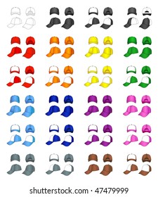 Multicolored cap vector illustration featured front, back, side  isolated on white.