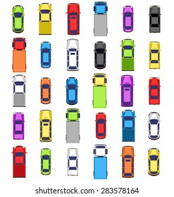 Multicolored car collection isolated on white background