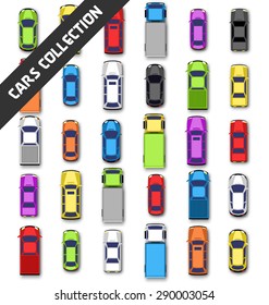 Multicolored car collection with shadow isolated on white background