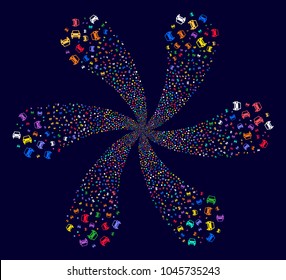 Multicolored Car curl bang on a dark background. Impressive curl done from scattered car items.