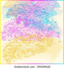 multicolored card with splash design over watercolor background for East Indian happy holi festival, festival of colors