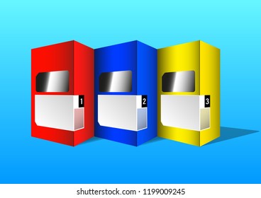 multicolored cardboard box with plastic window for product packaging, realistic 3D design. Vector Illustration