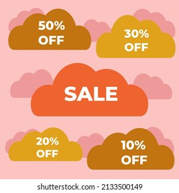 Tarjetas multicolores en forma de nubes con la inscripción VENTA, porcentajes de descuento en un fondo rosado, concepto de ventas para diferentes tiendas.