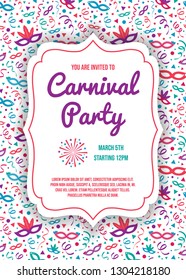 Multicolored Carnaval Party invitation card with colorful elements. Vector