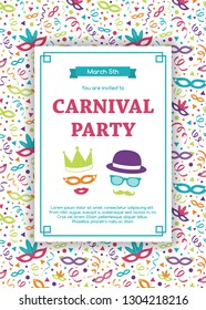 Multicolored Carnaval Party invitation card with colorful elements. Vector