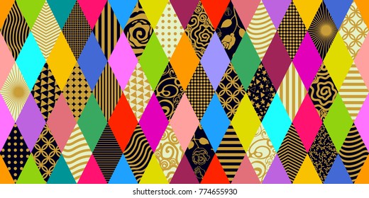 Multicolored carnival background. Seamless vector pattern with rhombuses and decorative ornaments.  Abstract geometric composition for cards, invitations, tickets, covers, textile design.