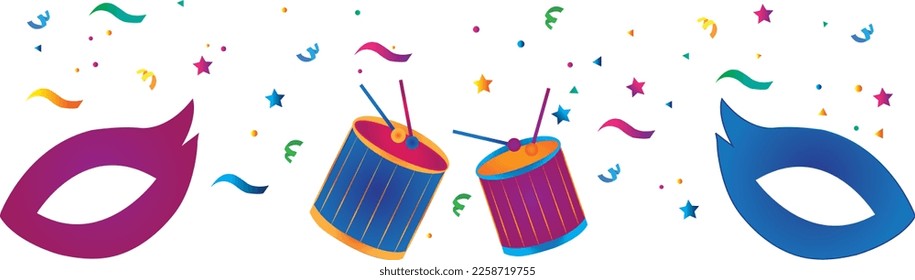 A multicolored carnival decoration on a white background with copy space