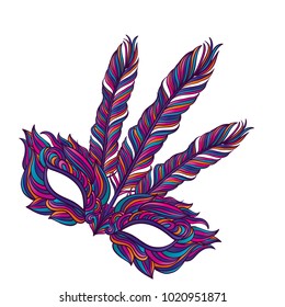 Multi-colored carnival mask of feathers and patterns. Vector illustration.