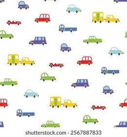 Multicolored cars seamless pattern for boys. Bright cartoon vehicles on white background for nursery wallpaper, kindergarten design, baby fabric. Cute car,  truck, camper, convertible for beloved son.